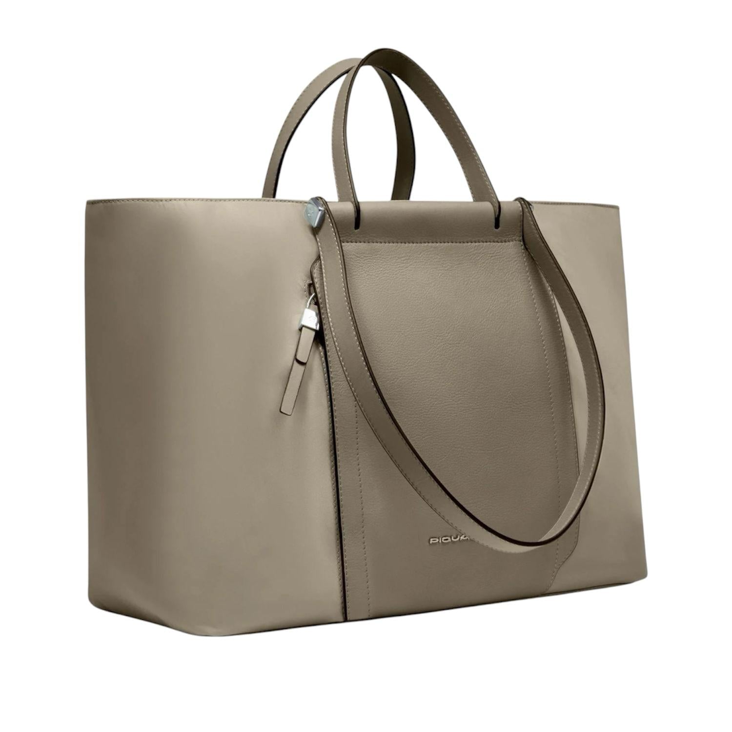 PIQUADRO - Shopping bag porta Pc 15.6 in tessuto e pelle, Beige