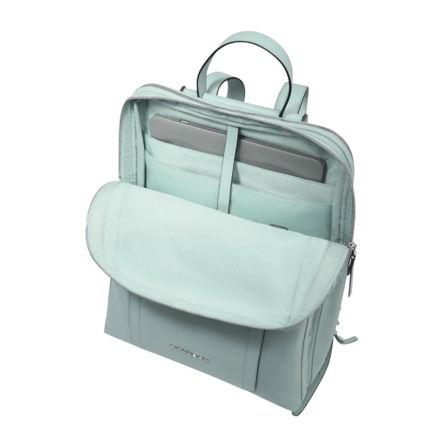 PIQUADRO - Zaino donna porta pc 15,6" espandibile in tessuto e pelle, Verde Acqua